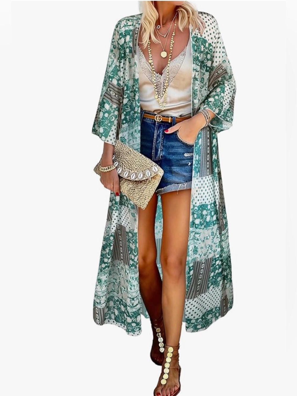 Green Floral Patchwork Kimono Duster